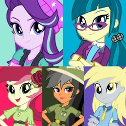 Size: 1920x1920 | Tagged: safe, derpibooru import, official, chestnut magnifico, daring do, derpy hooves, juniper montage, roseluck, starlight glimmer, equestria girls, mirror magic, movie magic, spoiler:eqg specials, arm behind back, baubles, beanie, belt, bracelet, clothes, costume, counterparts, crossed arms, eyeshadow, female, glasses, hair tie, hand on hip, hat, jewelry, lapel pin, looking at you, makeup, necktie, pigtails, pith helmet, rolled up sleeves, shirt, smiling, spoiler, twilight's counterparts, twintails, vest, watch, wristwatch