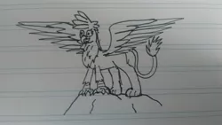 Size: 2560x1440 | Tagged: safe, artist:summerium, derpibooru import, oc, oc:kalimu, unofficial characters only, gryphon, doodle, grayscale, lined paper, monochrome, solo, spread wings, traditional art, wings