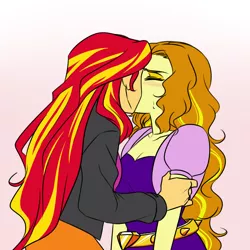 Size: 1000x1000 | Tagged: safe, artist:raika0306, derpibooru import, adagio dazzle, sunset shimmer, equestria girls, rainbow rocks, blushing, clothes, eyes closed, female, kissing, lesbian, shipping, simple background, sunsagio