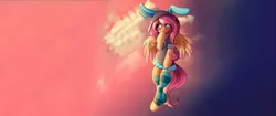 Size: 3873x1634 | Tagged: safe, artist:sugarlesspaints, derpibooru import, edit, fluttershy, pegasus, pony, semi-anthro, blushing, bunny ears, clothes, colored pupils, colored wings, colored wingtips, costume, cute, dangerous mission outfit, female, flying, hoodie, mare, shyabetes, smiling, socks, solo, striped socks, sunset, wallpaper, wallpaper edit