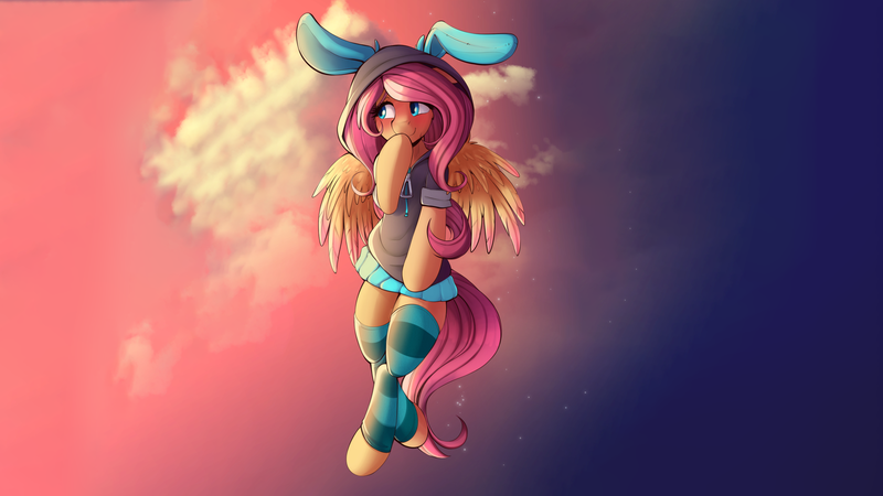 Size: 2905x1634 | Tagged: safe, artist:sugarlesspaints, derpibooru import, edit, fluttershy, pegasus, pony, semi-anthro, blushing, bunny ears, clothes, colored pupils, colored wings, colored wingtips, costume, cute, dangerous mission outfit, female, flying, hoodie, mare, shyabetes, smiling, socks, solo, striped socks, sunset, wallpaper, wallpaper edit