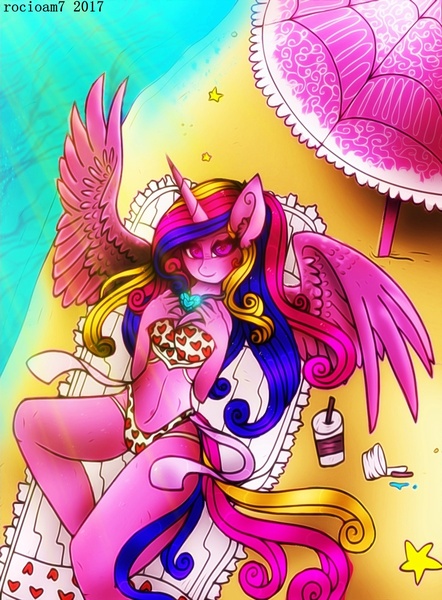 Size: 915x1243 | Tagged: anthro, artist:rocioam7, beach, beach towel, beach umbrella, bikini, breasts, clothes, derpibooru import, ear fluff, on back, princess cadance, solo, suggestive, swimsuit