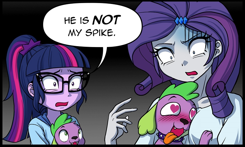 Size: 800x481 | Tagged: suggestive, artist:uotapo, derpibooru import, edit, rarity, sci-twi, spike, spike the regular dog, twilight sparkle, dog, equestria girls, bellyrubs, bestiality, blushing, boob smothering, breast rest, breasts, clothes, comic, doggy dragondox, duality, female, glasses, grope, heart, heart eyes, interspecies, jewelry, male, scared, self paradog, self paradox, shipping, shocked, smothering, sparity, spike the dog, spike's dog collar, straight, tail wag, wingding eyes