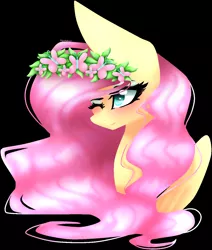 Size: 1208x1427 | Tagged: safe, artist:pinkiedashironi, derpibooru import, fluttershy, black background, bust, floral head wreath, flower, portrait, simple background, solo