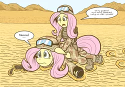 Size: 1800x1250 | Tagged: safe, artist:regularmouseboy, derpibooru import, fluttershy, human, pegasus, pony, equestria girls, backpack, body armor, boots, camouflage, clothes, crossover, cute, desert, frown, gun, handgun, helmet, holster, hoofprints, human ponidox, humans riding ponies, middle east, military, military uniform, mounting, pistol, riding, sad, sand, scared, self ponidox, squeak, suppressor, tired, uniform