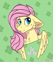 Size: 1200x1400 | Tagged: safe, artist:sharkpupking, derpibooru import, fluttershy, blushing, bust, cheek fluff, chest fluff, floppy ears, looking away, looking sideways, looking up, portrait, smiling, solo