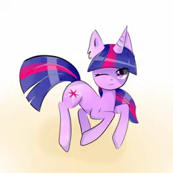 Size: 1080x1080 | Tagged: safe, artist:mkdiash, derpibooru import, twilight sparkle, pony, unicorn, :3, cute, fluffy, gradient background, lidded eyes, looking at you, one eye closed, simple background, smiling, solo, white background, wink