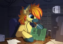 Size: 1930x1354 | Tagged: safe, artist:yakovlev-vad, derpibooru import, oc, oc:yaktan, unofficial characters only, earth pony, pony, chair, circuit board, colored sketch, cup, desk, male, mouth hold, paper, patreon reward, sitting, smiling, soldering, soldering iron, solo, stallion, tools