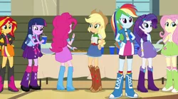 Size: 1280x714 | Tagged: safe, artist:sweetcake111, derpibooru import, screencap, applejack, fluttershy, pinkie pie, rainbow dash, rarity, sunset shimmer, twilight sparkle, equestria girls, rainbow rocks, backpack, boots, bowtie, bracelet, clothes, cookie, cowboy boots, cowboy hat, cup, denim skirt, hat, high heel boots, humans doing horse things, jacket, jewelry, leather jacket, leg warmers, mane six, punch (drink), punch bowl, rear view, skirt, socks, stetson, table