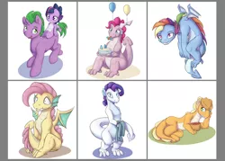 Size: 1984x1417 | Tagged: safe, artist:alasou, deleted from derpibooru, derpibooru import, applejack, fluttershy, pinkie pie, rainbow dash, rarity, spike, twilight sparkle, ponified, dragon, pony, apple, balloon, blank flank, cake, dragonified, dragonjack, dragons riding ponies, existential crisis, flutterdragon, flying, food, hat, looking at you, mane six, mouth hold, my little x, pinkiedragon, ponified spike, rainbow dragon, raridragon, riding, role reversal, simple background, species swap, twilidragon, wide eyes