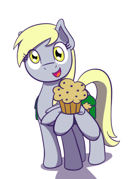 Size: 1280x1707 | Tagged: safe, artist:flutterluv, derpibooru import, derpy hooves, pegasus, pony, food, looking at you, muffin, saddle bag, simple background, smiling, solo, transparent background