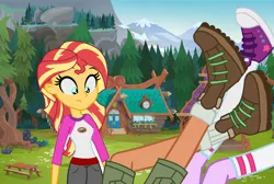 Size: 1024x688 | Tagged: safe, derpibooru import, sci-twi, sunset shimmer, timber spruce, twilight sparkle, equestria girls, legend of everfree, boots, camp everfree, camp everfree outfits, clothes, converse, falling, female, legs, male, shipping, shocked, shoes, shorts, sneakers, socks, straight, timbertwi, trace