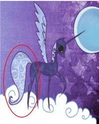 Size: 658x827 | Tagged: safe, derpibooru import, edit, edited screencap, screencap, princess luna, alicorn, pony, friendship is magic, book, circled, cloud, cropped, female, hooves, horn, mare, moon, on a cloud, pointy ponies, purple background, raised hoof, simple background, solo, standing on cloud, storybook, wings