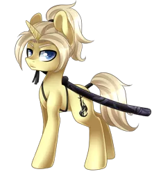 Size: 1871x1990 | Tagged: safe, artist:scarlet-spectrum, derpibooru import, oc, oc:silent flare, unofficial characters only, pony, unicorn, commission, katana, looking at you, male, ponytail, simple background, solo, stallion, sword, transparent background, weapon
