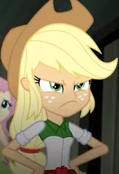 Size: 494x718 | Tagged: safe, derpibooru import, screencap, applejack, fluttershy, equestria girls, >:c, angry, applejack is not amused, cropped, female, frown, solo, unamused