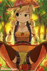 Size: 750x1125 | Tagged: suggestive, alternate version, artist:lumineko, derpibooru import, applejack, equestria girls, friendship through the ages, rainbow rocks, alternate hairstyle, apple, apple tree, blushing, clothes, country applejack, female, food, green underwear, harness, panties, parachute, patreon, patreon logo, pigtails, sideways glance, skirt, skirt lift, sleeveless, solo, spread legs, spreading, tack, tree, twintails, unamused, underwear, upskirt