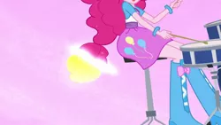 Size: 1280x720 | Tagged: safe, derpibooru import, pinkie pie, equestria girls, rainbow rocks, balloon, better than ever, boots, bracelet, clothes, drum kit, drums, drumsticks, high heel boots, jewelry, musical instrument, ponied up, ponytail, skirt, solo, transformation