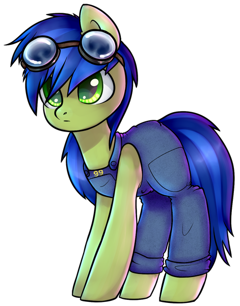 Size: 1087x1384 | Tagged: safe, artist:starrcoma, derpibooru import, oc, oc:scotch tape, unofficial characters only, earth pony, pony, fallout equestria, fallout equestria: project horizons, female, goggles, mare, overalls, simple background, solo, white background