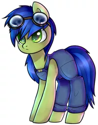 Size: 1087x1384 | Tagged: safe, artist:starrcoma, derpibooru import, oc, oc:scotch tape, unofficial characters only, earth pony, pony, fallout equestria, fallout equestria: project horizons, female, goggles, mare, overalls, simple background, solo, white background