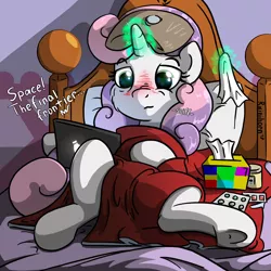 Size: 2000x2000 | Tagged: safe, artist:rainihorn, derpibooru import, sweetie belle, pony, unicorn, bed, cold, computer, flu, hot water bottle, medicine, sick, solo, star trek, tablet, tissue, tissue box