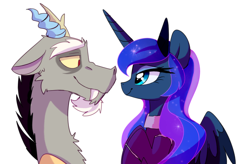Size: 2480x1677 | Tagged: artist:elementalokami, crown, derpibooru import, discord, eyeshadow, female, jewelry, lidded eyes, looking at each other, lunacord, makeup, male, princess luna, regalia, safe, shipping, simple background, smiling, straight, transparent background