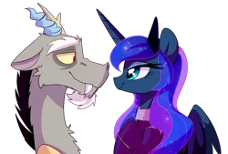 Size: 2480x1677 | Tagged: artist:elementalokami, crown, derpibooru import, discord, eyeshadow, female, jewelry, lidded eyes, looking at each other, lunacord, makeup, male, princess luna, regalia, safe, shipping, simple background, smiling, straight, transparent background