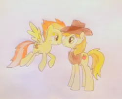 Size: 1992x1617 | Tagged: artist:little-miss-oshawott, braeburn, derpibooru import, drawing, female, male, nuzzling, safe, shipping, spitburn, spitfire, straight, traditional art