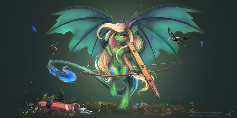 Size: 3464x1732 | Tagged: safe, artist:wilvarin-liadon, derpibooru import, oc, oc:honeymint tea, unofficial characters only, dracony, hybrid, pony, a6m zero, aircraft carrier, bipedal, commission, crossbow, female, flutterkaku, kantai collection, large wings, looking at you, mare, open mouth, plane, shipmare, smiling, spread wings, wings