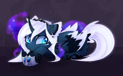 Size: 2415x1493 | Tagged: safe, artist:magnaluna, derpibooru import, princess luna, alicorn, pony, alternate design, cheek fluff, colored wings, curved horn, ear fluff, looking sideways, multicolored wings, prone, simple background, solo