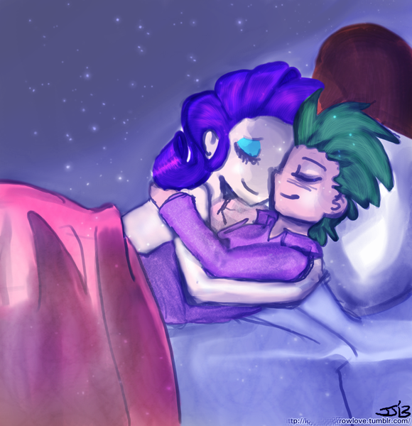 Size: 833x862 | Tagged: suggestive, artist:cabrony, artist:johnjoseco, color edit, derpibooru import, edit, rarity, spike, human, bed, blanket, colored, cute, embrace, female, humanized, male, pillow, shipping, sleeping, snuggling, sparity, straight