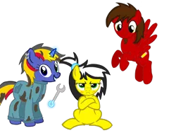Size: 1600x1200 | Tagged: safe, artist:toyminator900, derpibooru import, oc, oc:chip, oc:uppercute, oc:wheelie rims, unofficial characters only, earth pony, pegasus, pony, unicorn, crossed arms, ear piercing, earring, flying, glowing horn, heterochromia, jewelry, magic, mechanic, oil, piercing, pouting, simple background, telekinesis, transparent background, trio, wrench