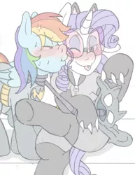 Size: 1512x1960 | Tagged: angry, artist:blackbewhite2k7, batman, blushing, catwoman, claws, clothes, costume, cowl, crossed legs, crossover, derpibooru import, face, female, kissing, lesbian, rainbow dash, raridash, rarity, safe, scrunchy face, shipping, sitting, sketch, unmasked, whip, wip