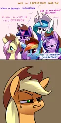 Size: 1600x3200 | Tagged: safe, derpibooru import, applejack, fluttershy, princess celestia, rainbow dash, starlight glimmer, twilight sparkle, twilight sparkle (alicorn), alicorn, earth pony, pegasus, pony, unicorn, accessory swap, applejack is not amused, applejack's hat, blush sticker, blushing, cowboy hat, cross-popping veins, curved horn, cute, dashabetes, dialogue, female, hat, how dare you?, lidded eyes, mare, meme, mocking, offended, shyabetes, silly, silly pony, smirk, stetson, tail extensions, this will end in angry countryisms, unamused, what in tarnation, who's a silly pony