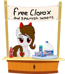 Size: 3000x3435 | Tagged: safe, artist:rsa.fim, derpibooru import, oc, oc:whisper hope, unofficial characters only, pegasus, pony, bleach, bow, clorox, concession stand, female, mexican, ponyville, red eyes, ribbon, simple background, solo, spanish, transparent background, vector