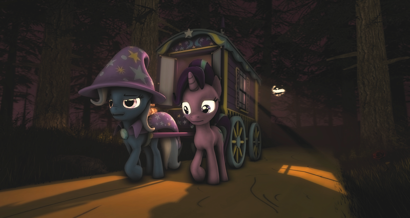 Size: 4069x2160 | Tagged: safe, artist:jaygaming1, deleted from derpibooru, derpibooru import, starlight glimmer, trixie, pony, unicorn, 3d, absurd resolution, cape, clothes, female, hat, mare, moonlight, night, path, poster, shadow, source filmmaker, trixie's cape, trixie's hat, trixie's wagon