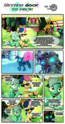 Size: 1247x2377 | Tagged: 3d, artist:powdan, bon bon, changeling, comic, comic:getting back to work, derpibooru import, dialogue, gmod, lyra heartstrings, ponyville, safe, secret agent sweetie drops, sweetie drops, to where and back again