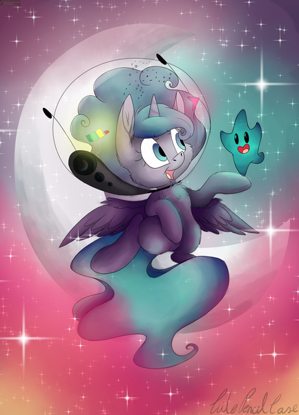 Size: 5349x7417 | Tagged: safe, artist:cutepencilcase, derpibooru import, princess luna, alicorn, pony, absurd resolution, astronaut, cheek fluff, chest fluff, chibi, cute, duo, ear fluff, female, filly, fluffy, helmet, looking at each other, luma, lunabetes, open mouth, signature, smiling, space, space helmet, stars, super mario bros., super mario galaxy, wing fluff