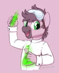 Size: 967x1200 | Tagged: anthro, artist:onnanoko, bust, clothes, derpibooru import, goggles, lab coat, oc, oc:calpain, open mouth, pink background, safe, science, simple background, smiling, solo, unofficial characters only