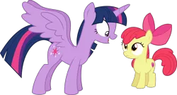 Size: 11857x6400 | Tagged: safe, artist:parclytaxel, derpibooru import, apple bloom, twilight sparkle, twilight sparkle (alicorn), alicorn, earth pony, pony, the fault in our cutie marks, .svg available, absurd resolution, excited, female, filly, simple background, spread wings, stare, transparent background, vector