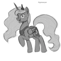 Size: 1700x1700 | Tagged: safe, artist:hypno, derpibooru import, princess luna, alicorn, pony, grayscale, looking at you, monochrome, raised hoof, simple background, sketch, smiling, solo, white background