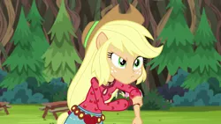 Size: 1280x720 | Tagged: safe, derpibooru import, screencap, applejack, equestria girls, legend of everfree, boho, camp fashion show outfit, clothes, freckles, picnic table, ponied up, shorts, solo, table, tree