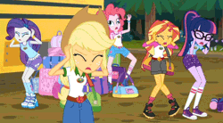 Size: 1180x650 | Tagged: safe, derpibooru import, screencap, applejack, pinkie pie, rarity, sci-twi, sunset shimmer, twilight sparkle, equestria girls, legend of everfree, animated, bags, boots, bracelet, clothes, converse, cropped, derp, duffle bag, faic, forest, gif, jewelry, pinkie derp, school bus, shoes, shorts, sneakers