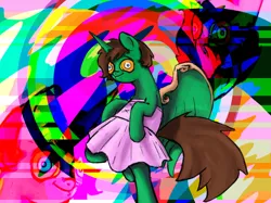 Size: 1033x774 | Tagged: safe, artist:treby, derpibooru import, oc, oc:frost d. tart, unofficial characters only, alicorn, pony, abstract background, alicorn oc, ballerina, clothes, crossdressing, dancing, derp, hypnosis, hypnotized, tutu