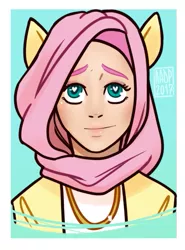 Size: 379x511 | Tagged: artist:alvrexadpot, bust, derpibooru import, fluttershy, heart eyes, hijab, human, humanized, islamashy, jewelry, necklace, safe, simple background, solo, wingding eyes
