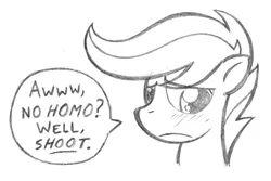 Size: 500x334 | Tagged: safe, artist:texasuberalles, derpibooru import, scootaloo, pegasus, pony, blushing, disappointed, female, filly, gay, grayscale, looking down, male, monochrome, no homo, pencil drawing, simple background, solo, speech bubble, traditional art, white background