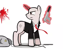 Size: 2548x1969 | Tagged: semi-grimdark, artist:legionhooves, derpibooru import, oc, oc:burst fire, oc:hit pony, unofficial characters only, pony, unicorn, agent 47, assassination, blood, blood splatter, clothes, dead, desert eagle, gun, hitman, implied murder, solo, suppressor, unicorn magic, unicorn master race, weapon