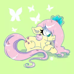 Size: 800x800 | Tagged: safe, artist:greenwiggly, derpibooru import, fluttershy, pegasus, pony, crossed hooves, cutie mark, female, floppy ears, flower, flower in hair, frown, green background, prone, sad, simple background, solo, wingless