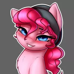 Size: 2400x2400 | Tagged: safe, artist:captainpudgemuffin, derpibooru import, pinkie pie, earth pony, pony, blushing, bust, chest fluff, female, gray background, hat, lidded eyes, looking at you, mare, ponytail, simple background, smiling, solo