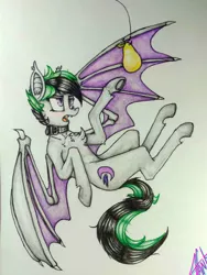 Size: 4000x5332 | Tagged: safe, artist:ivanmidnight, derpibooru import, oc, oc:night wing, unofficial characters only, bat pony, pony, absurd resolution, bat pony oc, female, food, fruit, mango, solo, traditional art