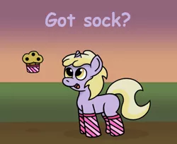 Size: 851x693 | Tagged: artist:gogglesparks, clothes, derpibooru import, dinky hooves, food, muffin, safe, sock, socks, solo, striped socks